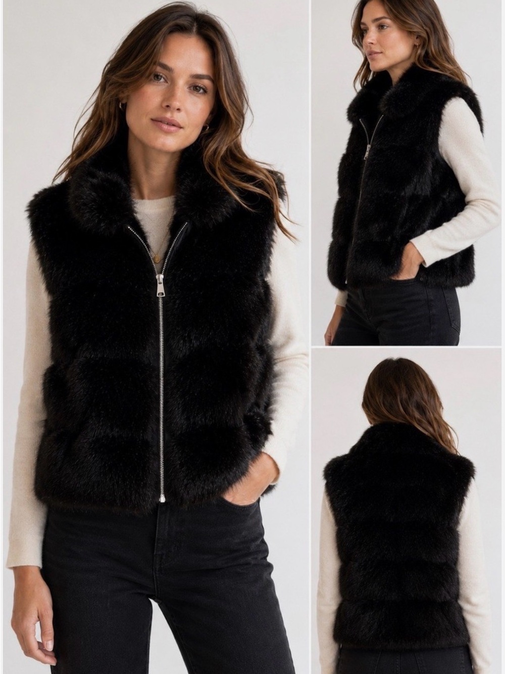 Adrienne Landau Black Faux Fur Zip Vest